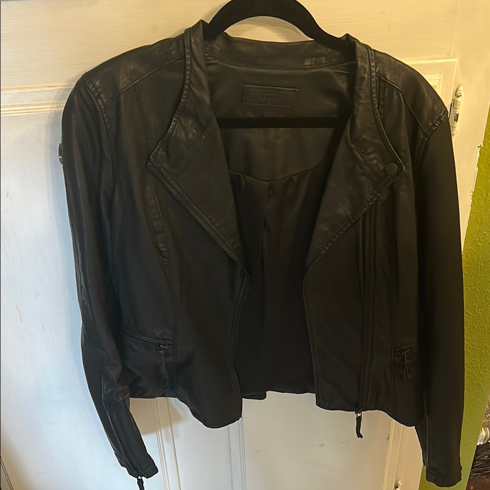 Blank NYC Black Leather Jacket with Cropped Design and Shawl Collar
